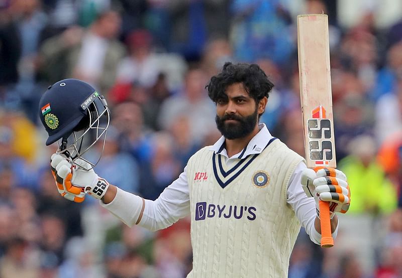 India's Ravindra Jadeja celebrates his century during play on Day 2 of the fifth cricket Test match between England and India at Edgbaston, Birmingham in central England on 2 July, 2022