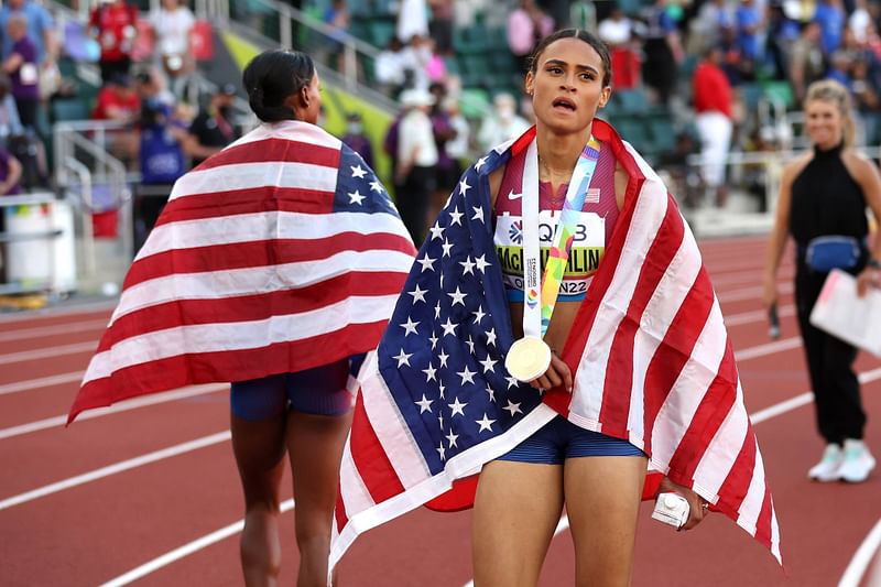 Sydney McLaughlin of Team United States celebrates after winning gold and setting a new world record in the Women's 400m Hurdles Final on day eight of the World Athletics Championships Oregon22 at Hayward Field on 22 July, 2022 in Eugene, Oregon