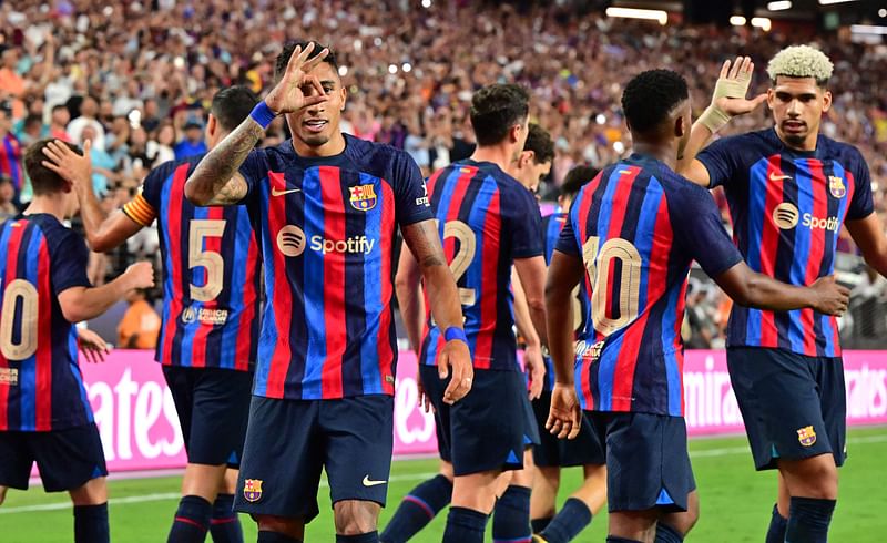 Barcelona's Raphinha celebrates after scoring a goal during the international friendly football match between Barcelona and Real Madrid at Allegiant Stadium in Las Vegas, Nevada, on 23 July, 2022