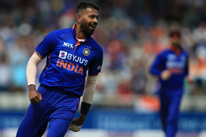 India's Hardik Pandya celebrates taking the wicket of of England's captain Ben Stokes (unseen) for 27 runs during the final One-Day International (ODI) between England and India at Old Trafford in Manchester on 17 July, 2022