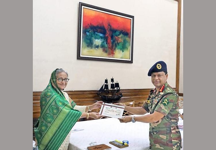 Chief of army staff general S M Shafiuddin Ahmed handed over a cheque for Taka 100 million to the prime minister Sheikh Hasina for the flood-affected people in the country's northeastern parts including Sylhet