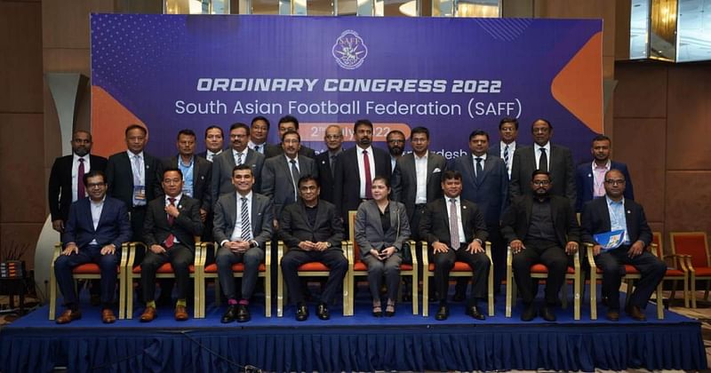 SAFF officials pose for a photo during the ordinary congress 2022 in Dhaka on 2 July, 2022