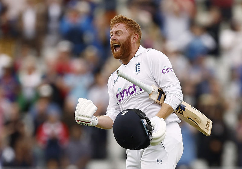 England's Jonny Bairstow celebrates winning the Edgbaston Test against India on 5 July 2022