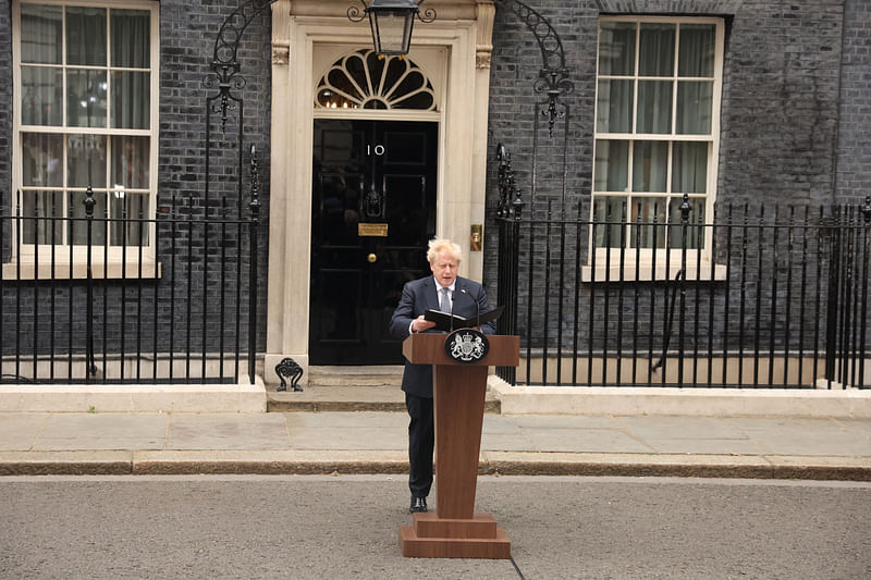 British Prime Minister Boris Johnson makes a statement at Downing Street in London, Britain, 7 July 2022