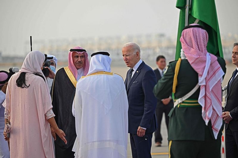 US president Joe Biden is welcomed at the King Abdulaziz International Airport in the Saudi coastal city of Jeddah, upon his arrival from Israel, on 15 July, 2022