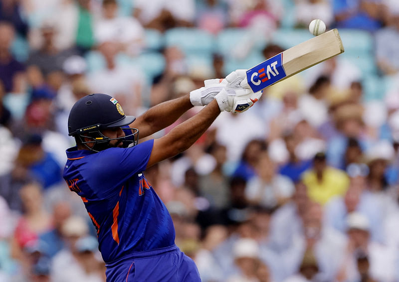 India captain Rohit Sharma hits a six during their first ODI against England in London on 12 July, 2022