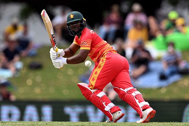 Zimbabwean batsman Wessly Madhevere steers a ball to leg during the first one-day international (ODI) cricket match between Australia and Zimbabwe at Riverway Stadium in Townsville on 28 August, 2022