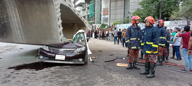 The private car crushed under the BRT project girder. Picture was taken from Uttara, Dhaka on 15 August 2022