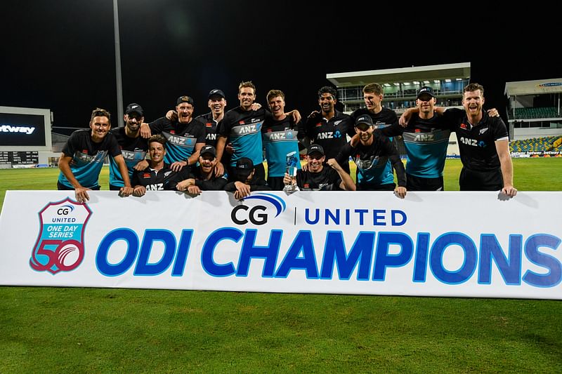 New Zealand team with the trophy after winning the 3rd and final ODI match between West Indies and New Zealand at Kensington Oval, Bridgetown, Barbados, on 21 August, 2022