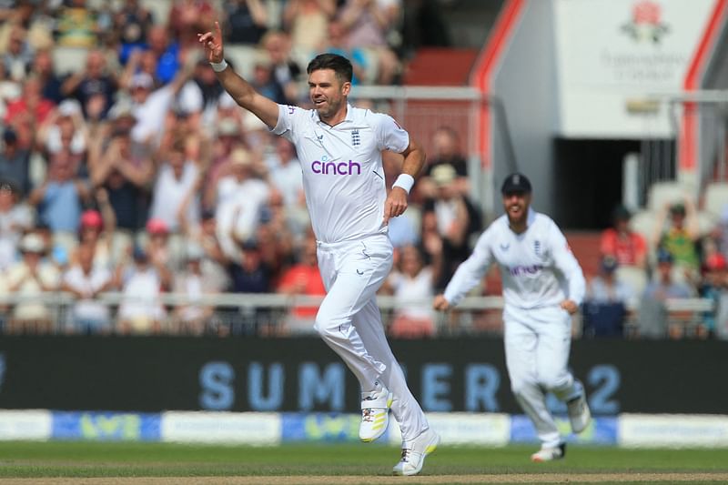 England's James Anderson celebrates after bowling South Africa's Dean Elgar on Day 3 of the second Test match between England and South Africa at the Old Trafford cricket ground in Manchester, north-west England on 27 August, 2022