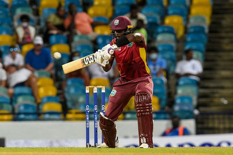 Sharmarh Brooks of West Indies hits 4 during the 1st ODI match between West Indies and New Zealand at Kensington Oval, Bridgetown, Barbados, on 17 August, 2022.