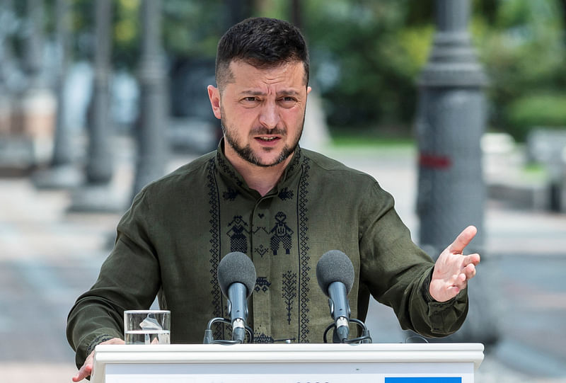 Ukraine's president Volodymyr Zelenskiy attends a joint news briefing with Poland's president Andrzej Duda, amid Russia's attack on Ukraine, in Kyiv, Ukraine on 23 August, 2022.