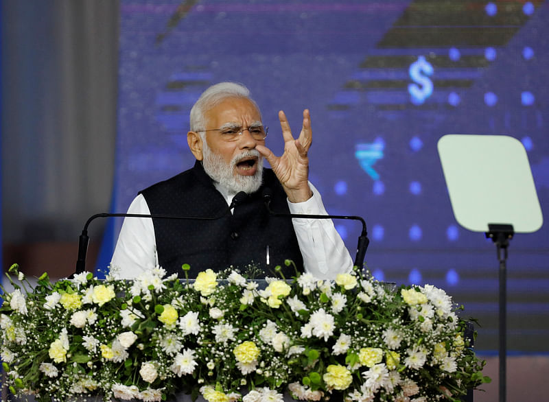 Prime Minister Narendra Modi gestures as he delivers a speech after he inaugurated India International Bullion Exchange (IIBX), India's first international bullion exchange, at Gujarat International Finance Tec-City, or GIFT City in Gandhinagar, India on 29 July, 2022