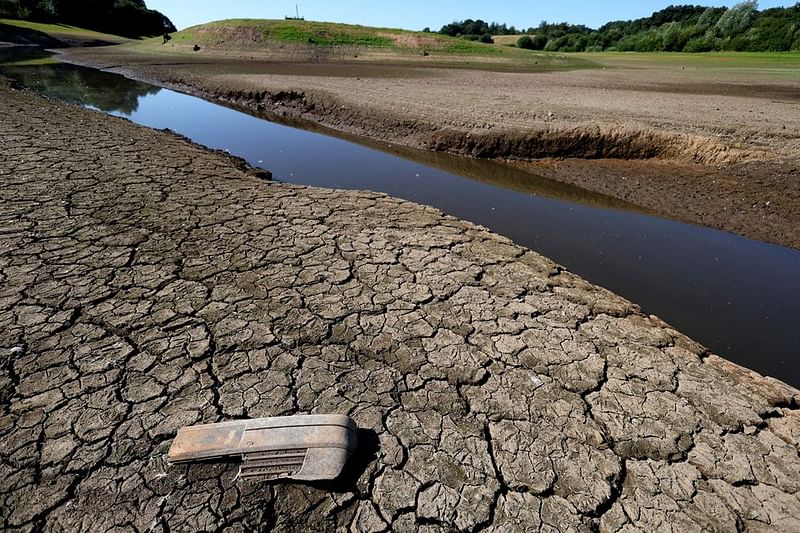 Cracks can be seen in the dried up bed of Tittesworth Reservoir, in Leek, Britain, on 12 August, 2022.