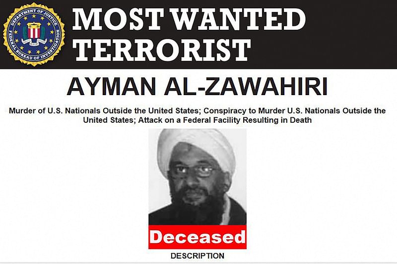 This handout image provided by the Federal Bureau of Investigation (FBI) on 1 August, 2022 shows the poster of Al-Qaeda chief Ayman al-Zawahiri after he was killed in a US counterterrorism operation