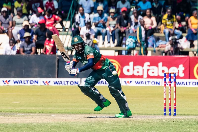 Bangladesh's Mahmudullah watches the ball after playing a shot during the second ODI between Zimbabwe and Bangladesh at the Harare Sports Club on 7 August, 2022