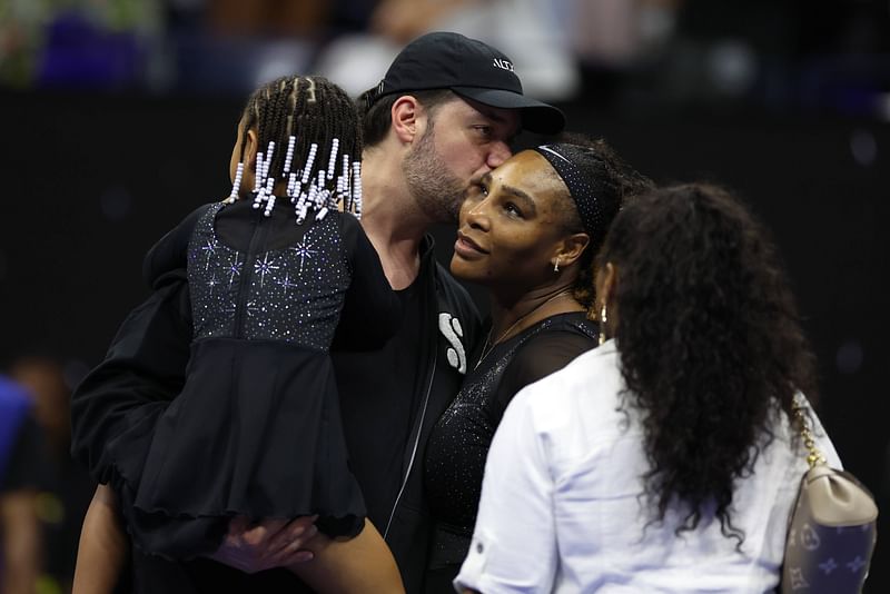 Serena Williams of the United States is greeted by her husband Alexis Ohanian following her victory against Danka Kovinic of Montenegro during the Women's Singles First Round on Day One of the 2022 US Open at USTA Billie Jean King National Tennis Center on 29 August, 2022