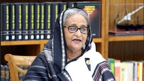 Prime minister Sheikh Hasina addresses a greetings exchange programme with the Hindu community leaders on the occasion of holy Janmashtami at Dhakeswari Mandir in Dhaka and JM Sen Hall in Chattogram from her official residence, Gonobhaban on 18 August 2022