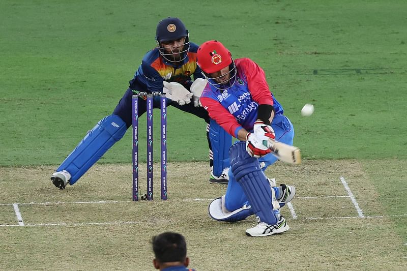 Afghanistan's Rahmanullah Gurbaz plays a shot during the Asia Cup Twenty20 International cricket Group B match between Sri Lanka and Afghanistan at the Dubai International Cricket Stadium in Dubai on 27 August, 2022