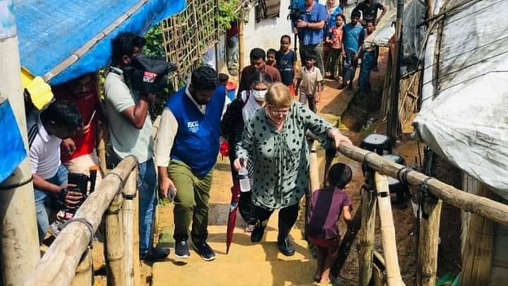 UN High Commissioner for Human Rights Michelle Bachelet at a Rohingya camp in Ukhiya, Cox's Bazar on 16 August 2022