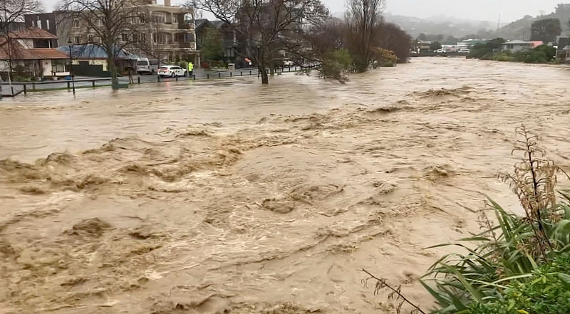 Flood waters run through city of Nelson, New Zealand on August 17, 2022 in this still image obtained from a video.