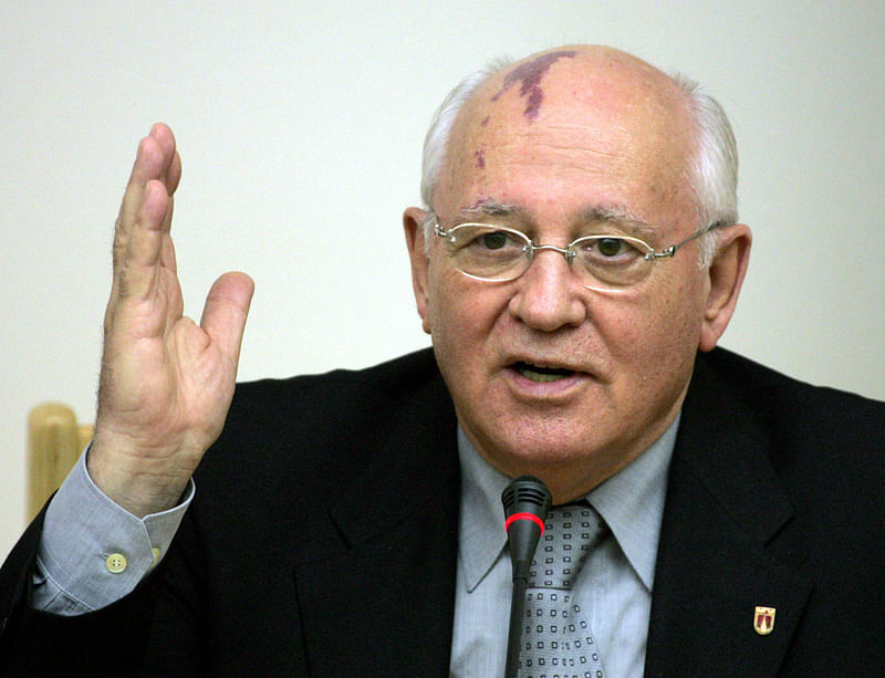 Former Soviet Union President Mikhail Gorbachev speaks at a meeting with former US President George Bush (not pictured) in Moscow State Institute of International Relations, in Moscow Russia on 23 May, 2005