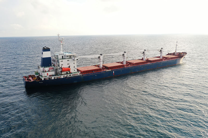 The Sierra Leone-flagged cargo ship Razoni, carrying Ukrainian grain, is seen in the Black Sea off Kilyos, near Istanbul, Turkey on 3 August, 2022