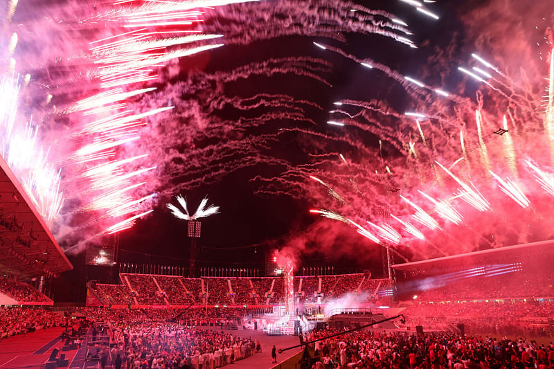 General view as fireworks are seen while Ozzy Osbourne performs during the closing ceremony at the Commonwealth Games closing ceremony at the Alexander Stadium, Birmingham, Britain on 8 August, 2022