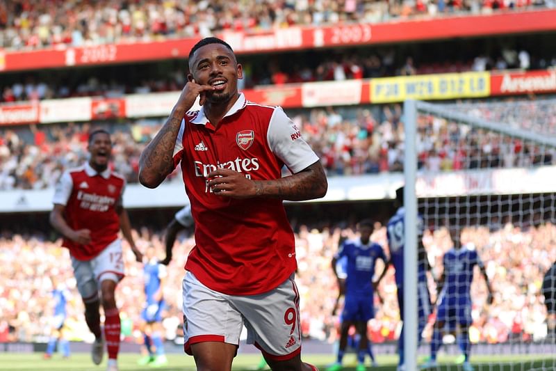 Arsenal's Brazilian striker Gabriel Jesus celebrates after scoring their second goal during the English Premier League match against Leicester City at the Emirates Stadium in London on 13 August, 2022