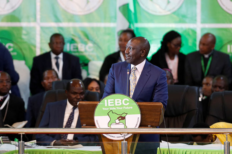 Kenya's deputy president William Ruto and presidential candidate for the United Democratic Alliance (UDA) and Kenya Kwanza political coalition, speaks after being declared the winner of Kenya's presidential election, at the IEBC National Tallying Centre at the Bomas of Kenya, in Nairobi, Kenya 15 August 2022.