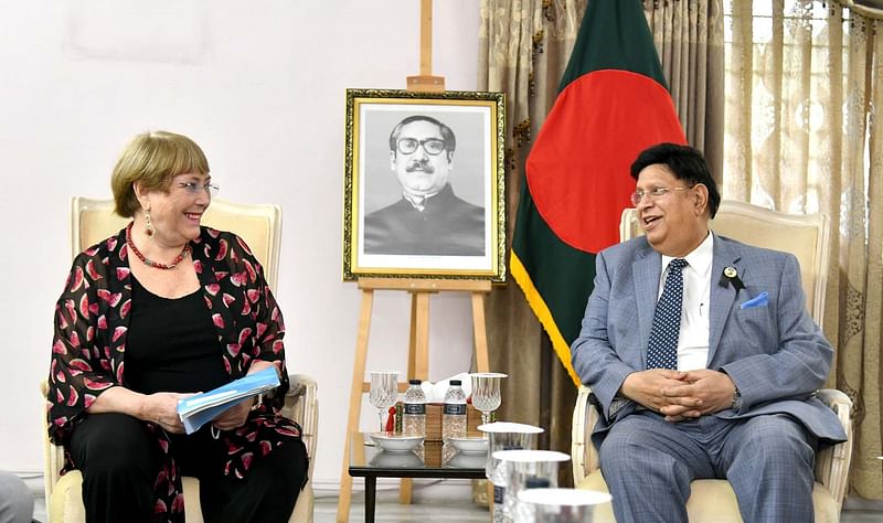 On the first day of her visit to Bangladesh, United Nations High Commissioner for Human Rights Michelle Bachelet holds a meeting foreign minister AK Abdul Momen on 14 August 2022