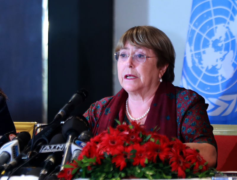 UN high commissioner for human rights Michelle Bachelet addresses a press conference in the hotel InterContinental Dhaka on 17 August 2022 after wrapping up her official visit to Bangladesh.