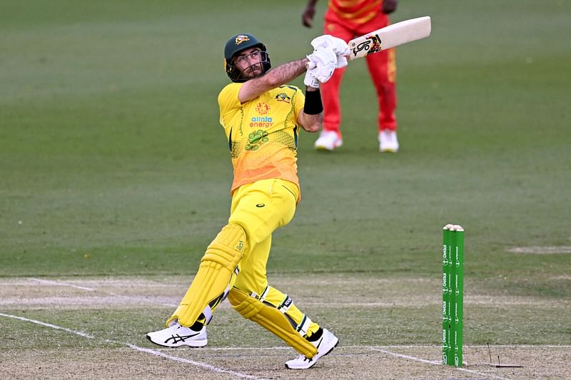 Australia's Glenn Maxwell hits a six during the one-day international (ODI) cricket match between Australia and Zimbabwe at Riverway Stadium in Townsville on 28 August, 2022