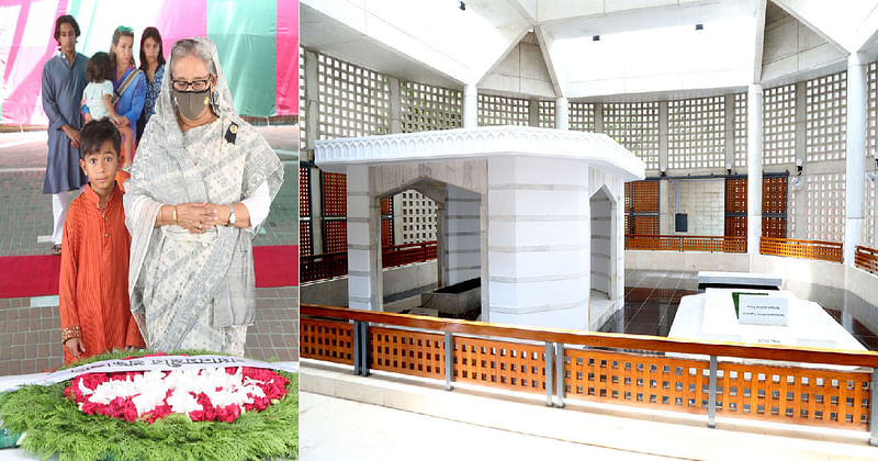 Prime minister Sheikh Hasina pays tribute to bangabandhu Sheikh Mujibur Rahman by placing a wreath on his mausoleum in Gopalganj's Tungipara on Friday.