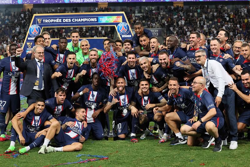 Paris Saint-Germain team players celebrate winning the French Champions' Trophy (Trophee des Champions) final football match, Paris Saint-Germain versus FC Nantes, in the at the Bloomfield Stadium, in Tel Aviv on 31 July, 2022