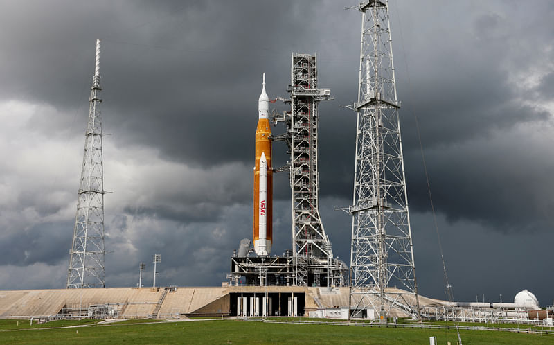 NASA's next-generation moon rocket, the Space Launch System (SLS) with the Orion crew capsule perched on top, stands on launch complex 39B as rain clouds move into the area before its rescheduled debut test launch for the Artemis 1 mission at Cape Canaveral, Florida, USA on 2 September, 2022