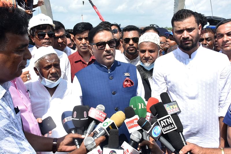 Obaidul Quader speaks to the media after visiting the Kalna bridge that has been constructed on the Modhumoti river under Kashiani upazila of Gopalganj district on Thursday morning.