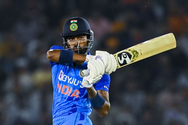 India's Hardik Pandya plays a shot during the first Twenty20 international cricket match between India and Australia at the Punjab Cricket Association Stadium in Mohali on 20 September, 2022