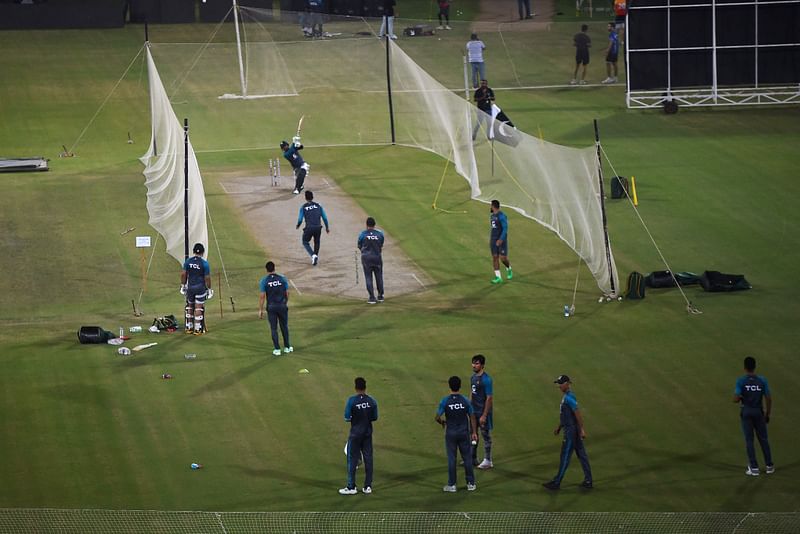 Pakistan cricket players practice at the nets during a training session at the National Cricket Stadium in Karachi on 17 September, 2022