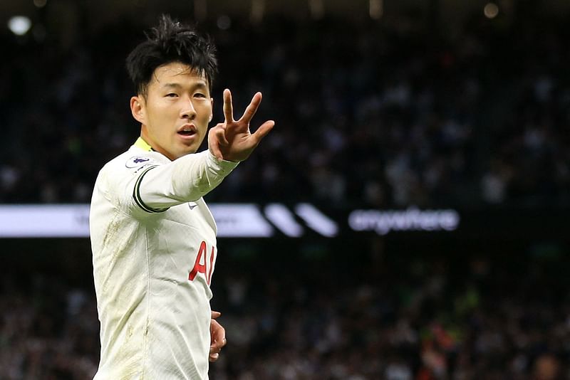 Tottenham Hotspur's South Korean striker Son Heung-Min celebrates after he scored his team's sixth goal during the English Premier League match against Leicester City at Tottenham Hotspur Stadium in London on 17 September, 2022