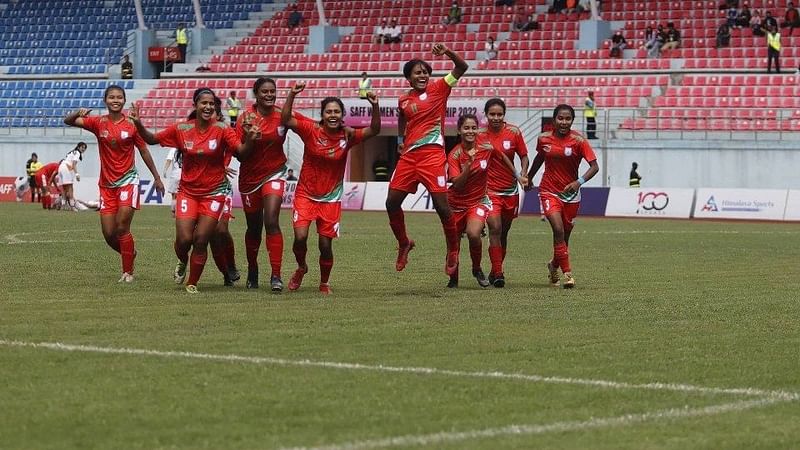 Bangladesh women's football team celebrates after beating Bhutan in the SAFF Women's Championship in Kathmandu, Nepal on 16 September, 2022