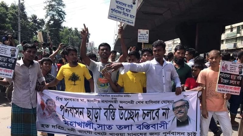 Slum dwellers on Monday staged demonstrations blocking Dhaka-Mymensingh highway against an eviction drive at Mohakhali without ensuring their rehabilitation