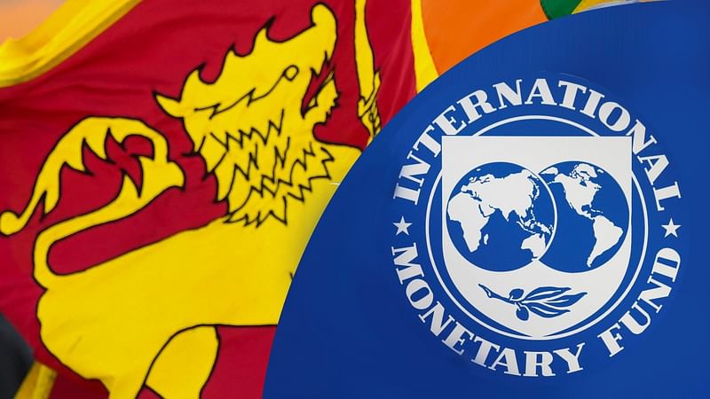 Combination of these AFP and Reuters file photos shows a flag of Sri Lanka and a logo of International Monetary Fund