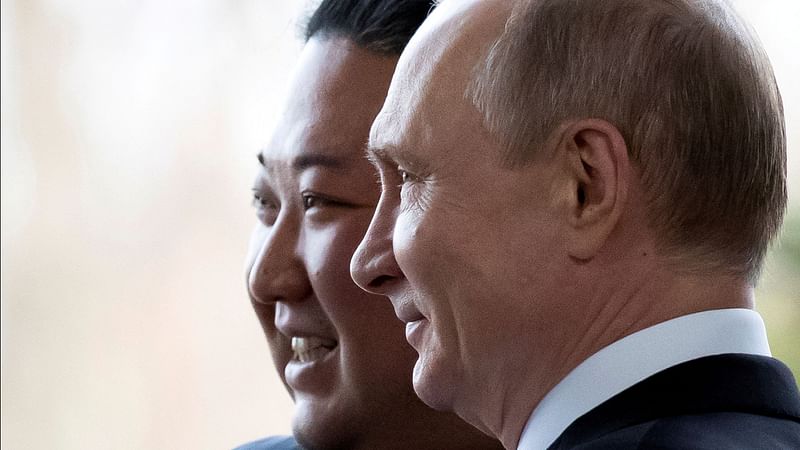 Russian President Vladimir Putin and North Korea's leader Kim Jong Un pose for a photo during their meeting in Vladivostok, Russia, 25 April 2019.