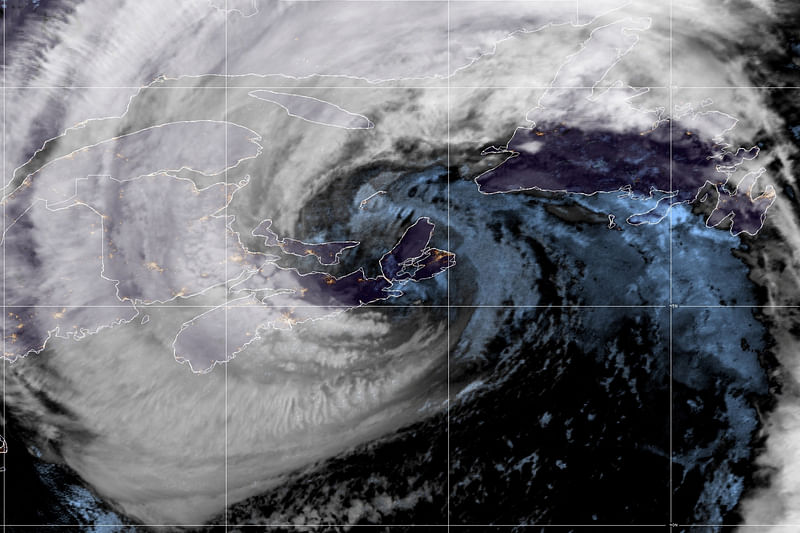 Hurricane Fiona makes landfall between Canso and Guysborough, Nova Scotia, Canada in a composite image from the National Oceanic and Atmospheric Administration (NOAA) GOES-East weather satellite 24 September, 2022.