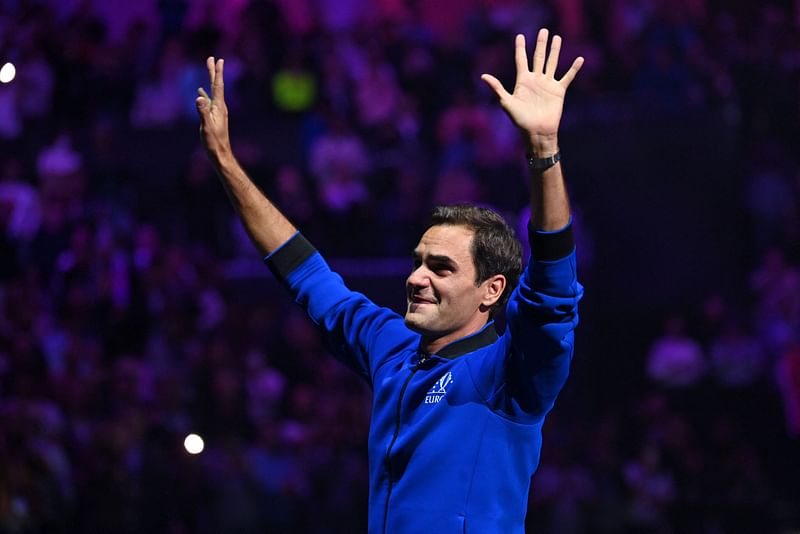 Switzerland's Roger Federer does a lap of honour after playing his final match, a doubles with Spain's Rafael Nadal of Team Europe against USA's Jack Sock and USA's Frances Tiafoe of Team World in the 2022 Laver Cup at the O2 Arena in London, early on 24 September, 2022