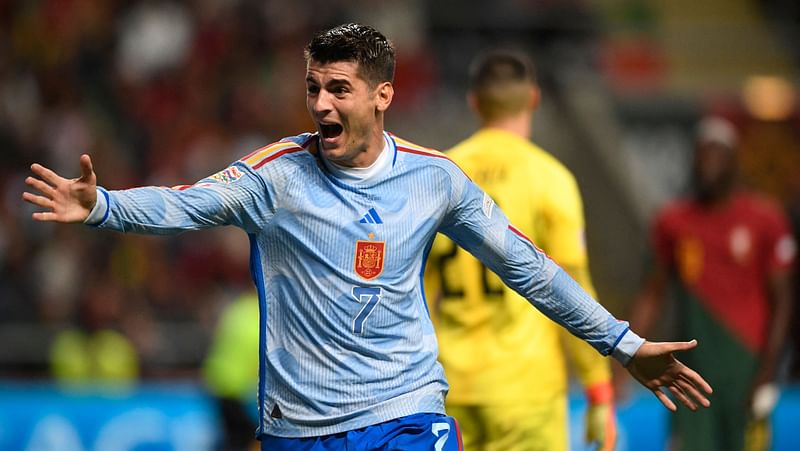 pain's forward Alvaro Morata celebrates after scoring his team first goal during the UEFA Nations League, league A, group 2 football match between Portugal and Spain, at the Municipal Stadium in Braga on 27 September, 2022