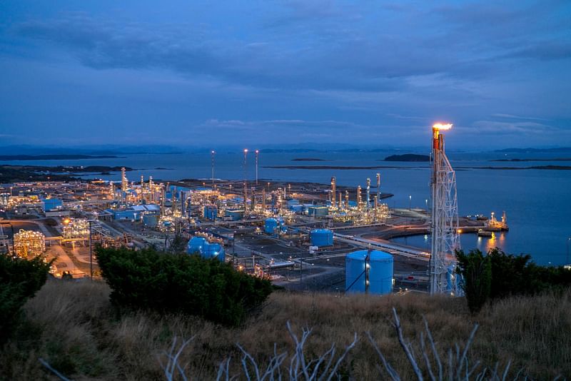 Night view taken on September 28, 2022 shows the Karsto gas processing plant in North Rogaland county, Norway