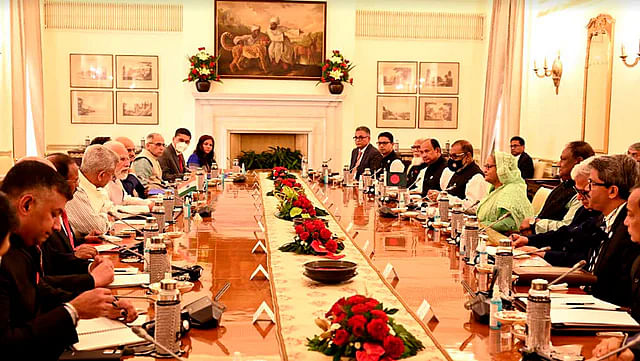 Bangladesh's Prime Minister Sheikh Hasina in a meeting with India's Prime Minister Narendra Modi at Hyderabad House in New Delhi
