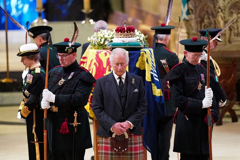 Britain's King Charles III attends a Vigil at St Giles' Cathedral, in Edinburgh, on 12 September, 2022, following the death of Queen Elizabeth II on 8 September